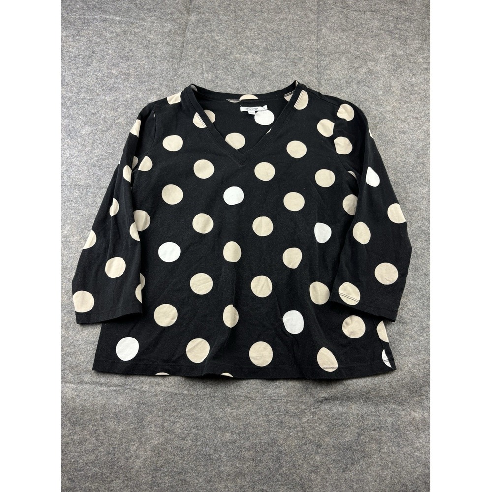 Chicos Women's L  Polka Dot Cotton‎ Stretch Top 3/4 Sleeve Office Preppy Travel